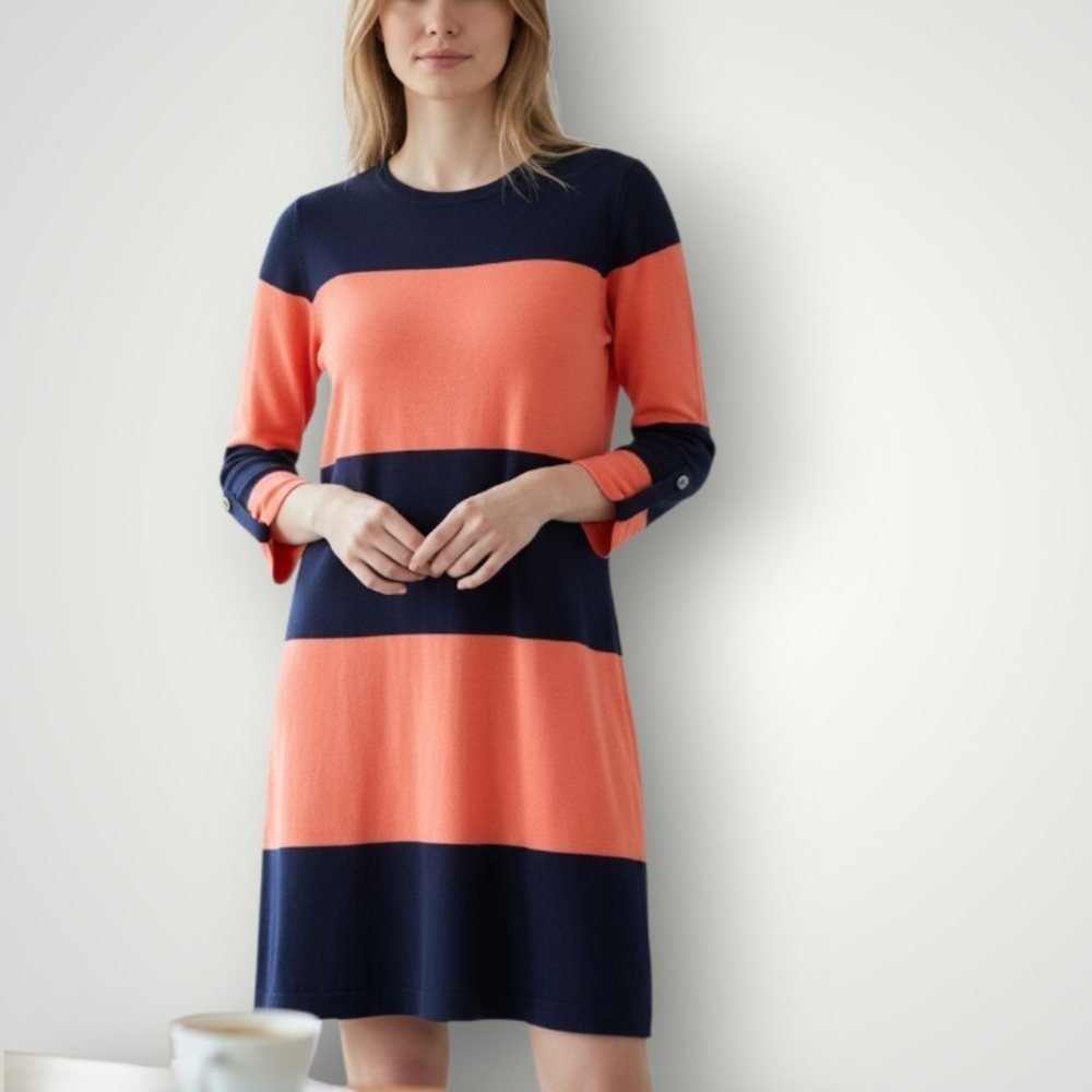 Tommy Bahama Womens S Coral‎ Navy Striped Shift Dress Cotton Modal Long Sleeve